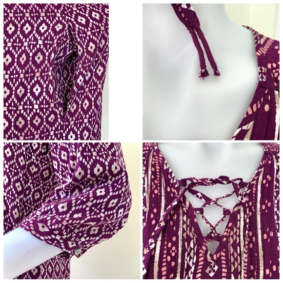 purple and white ikat geometric print flowy 3/4 sleeve tunic dress - Picture 9 of 16